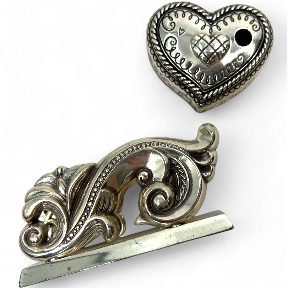 Brighton Silver Plated Love Heart Pen Holder Business Card Desk Set 2 Pieces